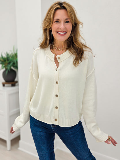 Ivory Raw Edge Exposed Seam Button Down Knit Cardigan