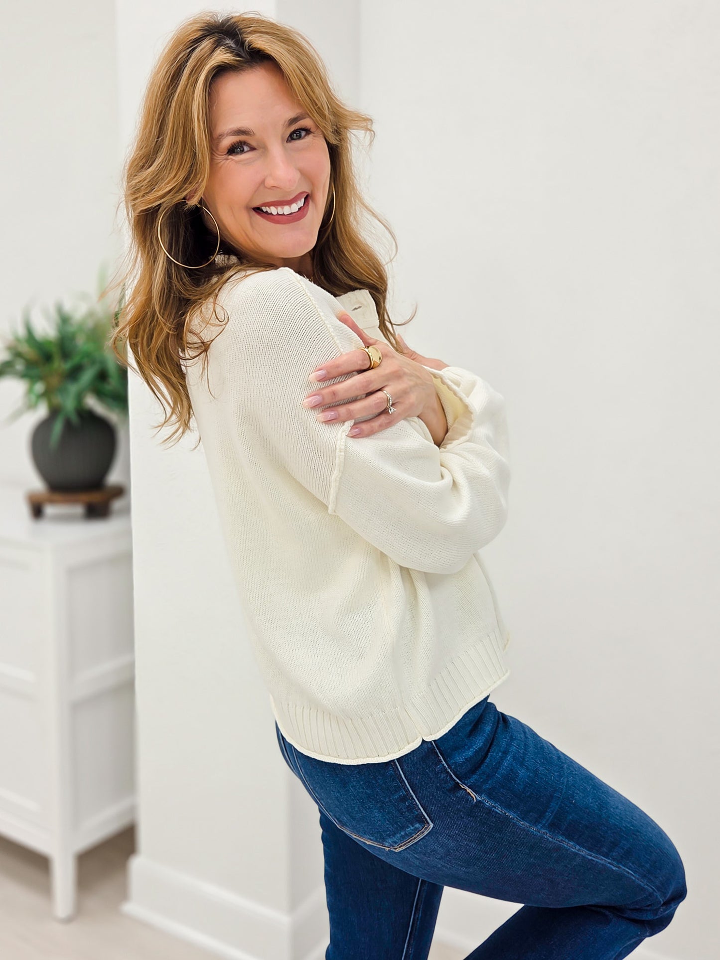 Ivory Raw Edge Exposed Seam Button Down Knit Cardigan