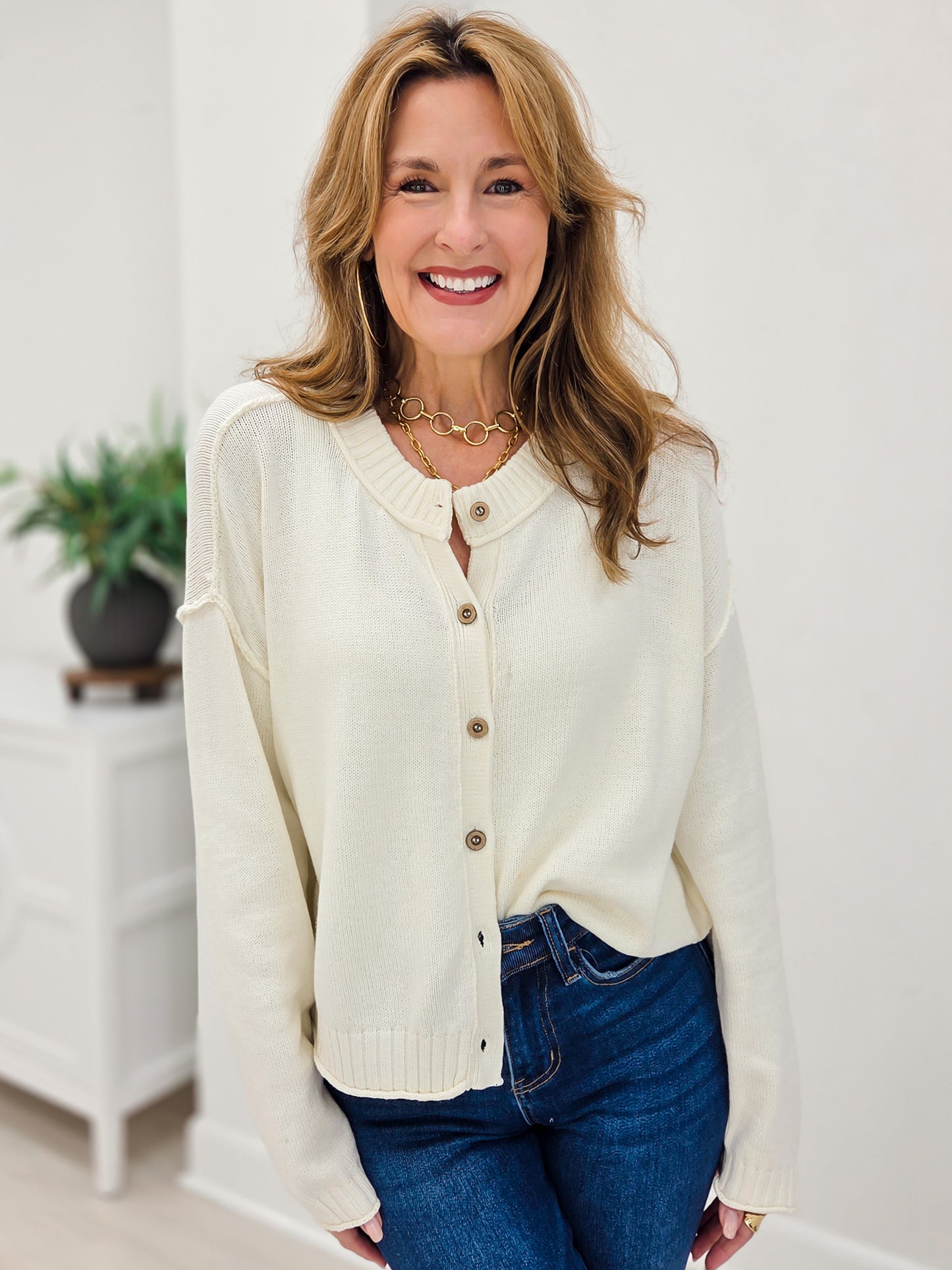 Ivory Raw Edge Exposed Seam Button Down Knit Cardigan
