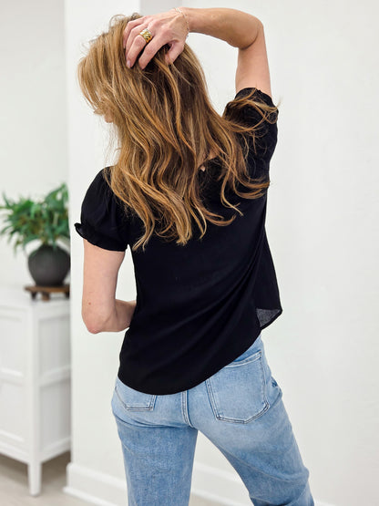 Ruffled Boat Neck Front Tie Puff Sleeve Top