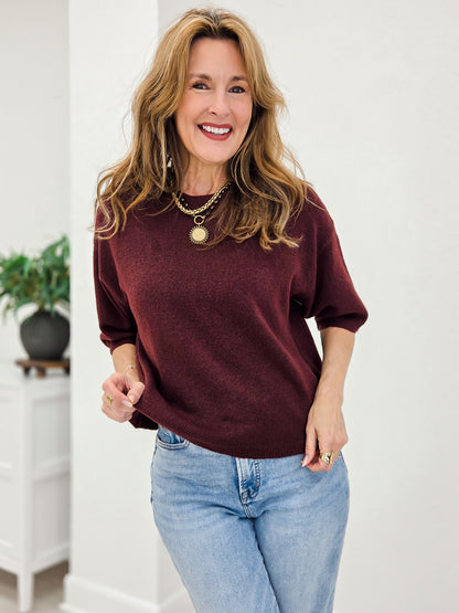 Heathered Crew Neck Half Sleeve Boxy Pullover