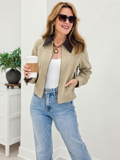Khaki Zip Up Jacket with Corduroy Collar