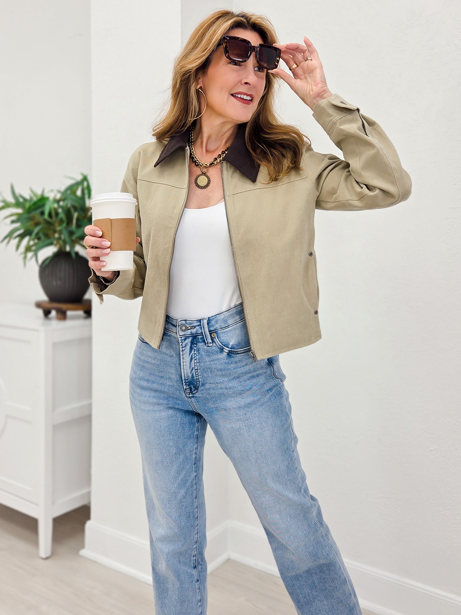 Khaki Zip Up Jacket with Corduroy Collar
