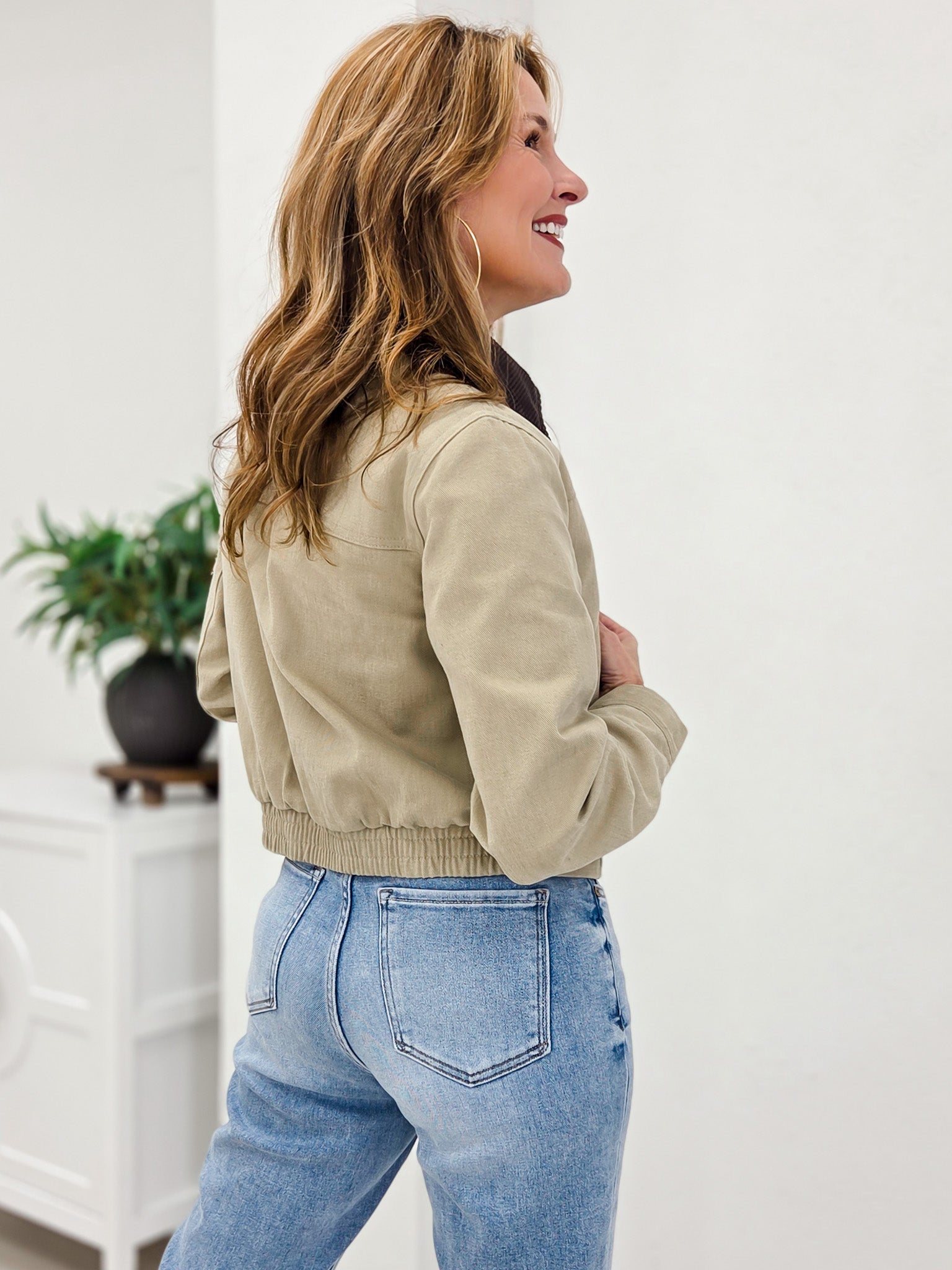 Khaki Zip Up Jacket with Corduroy Collar