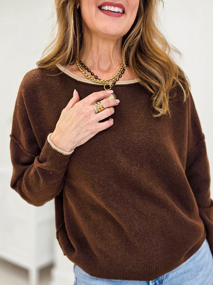 Contrast Trim Off Shoulder Long Sleeve Sweater