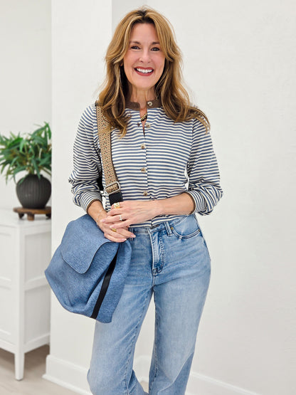 Stripe Contrast Trim Button Down Knit Cardigan