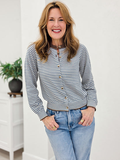 Stripe Contrast Trim Button Down Knit Cardigan