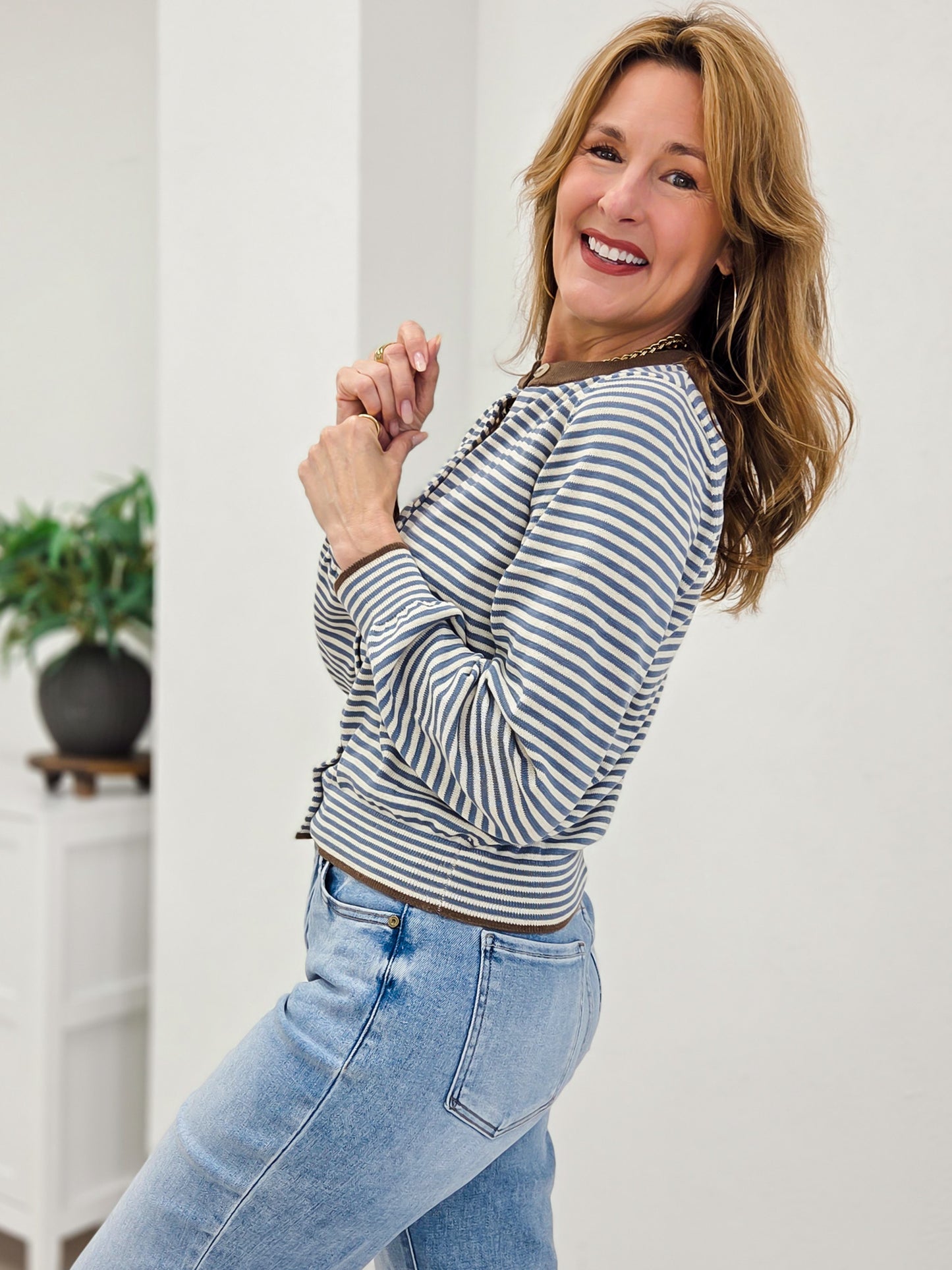 Stripe Contrast Trim Button Down Knit Cardigan