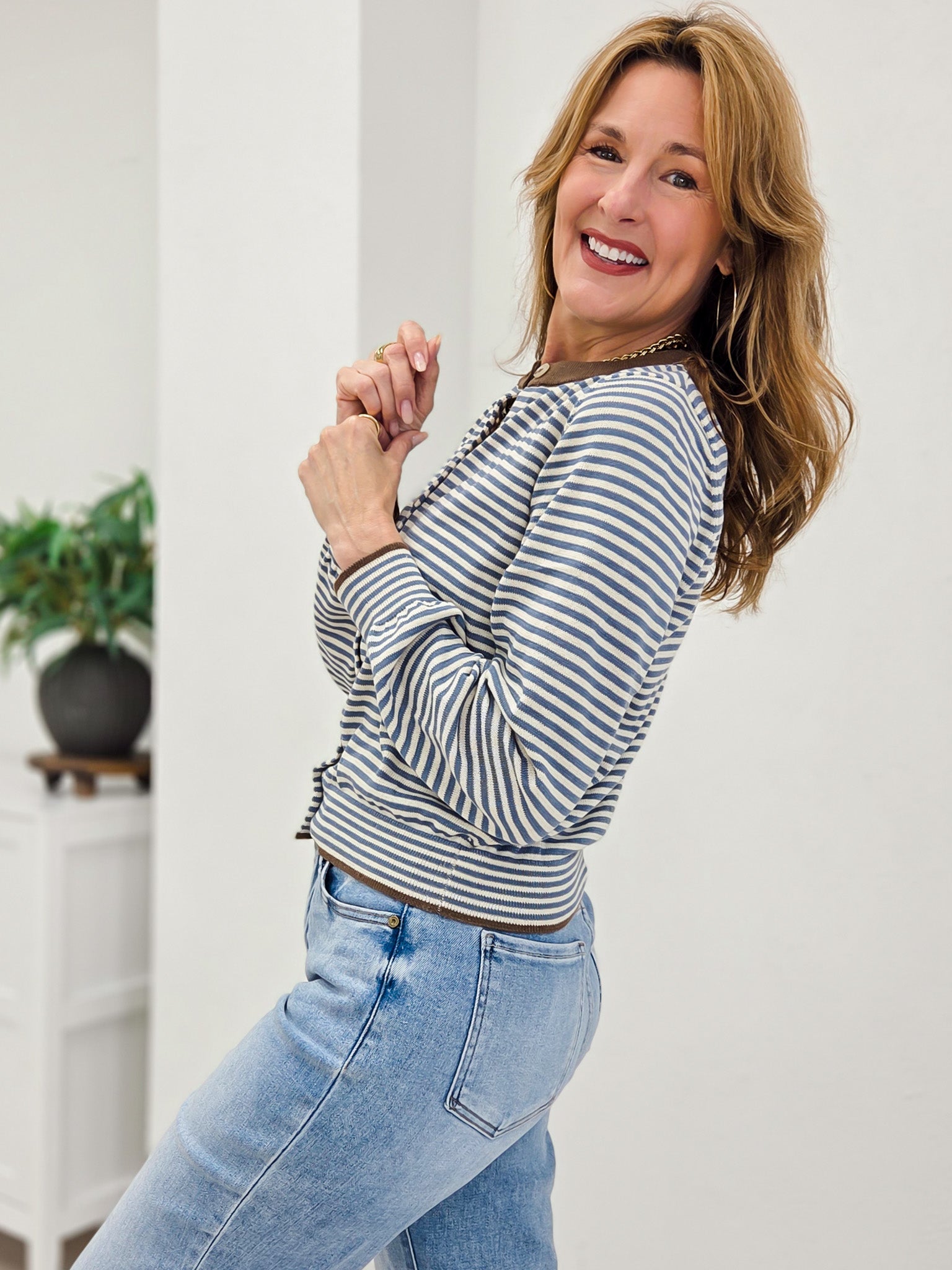 Stripe Contrast Trim Button Down Knit Cardigan