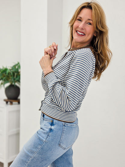 Stripe Contrast Trim Button Down Knit Cardigan