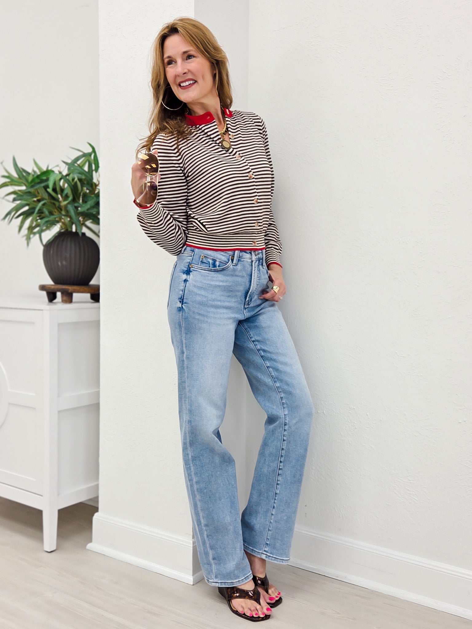 Stripe Contrast Trim Button Down Knit Cardigan
