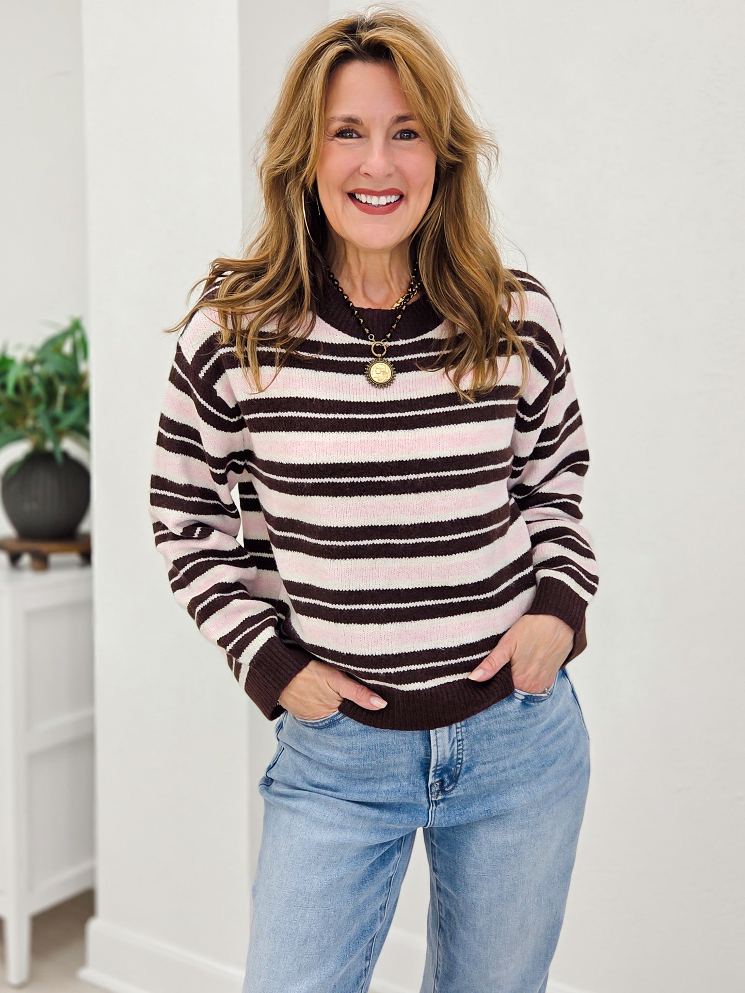 Striped Knit Sweater Top with Long Sleeves