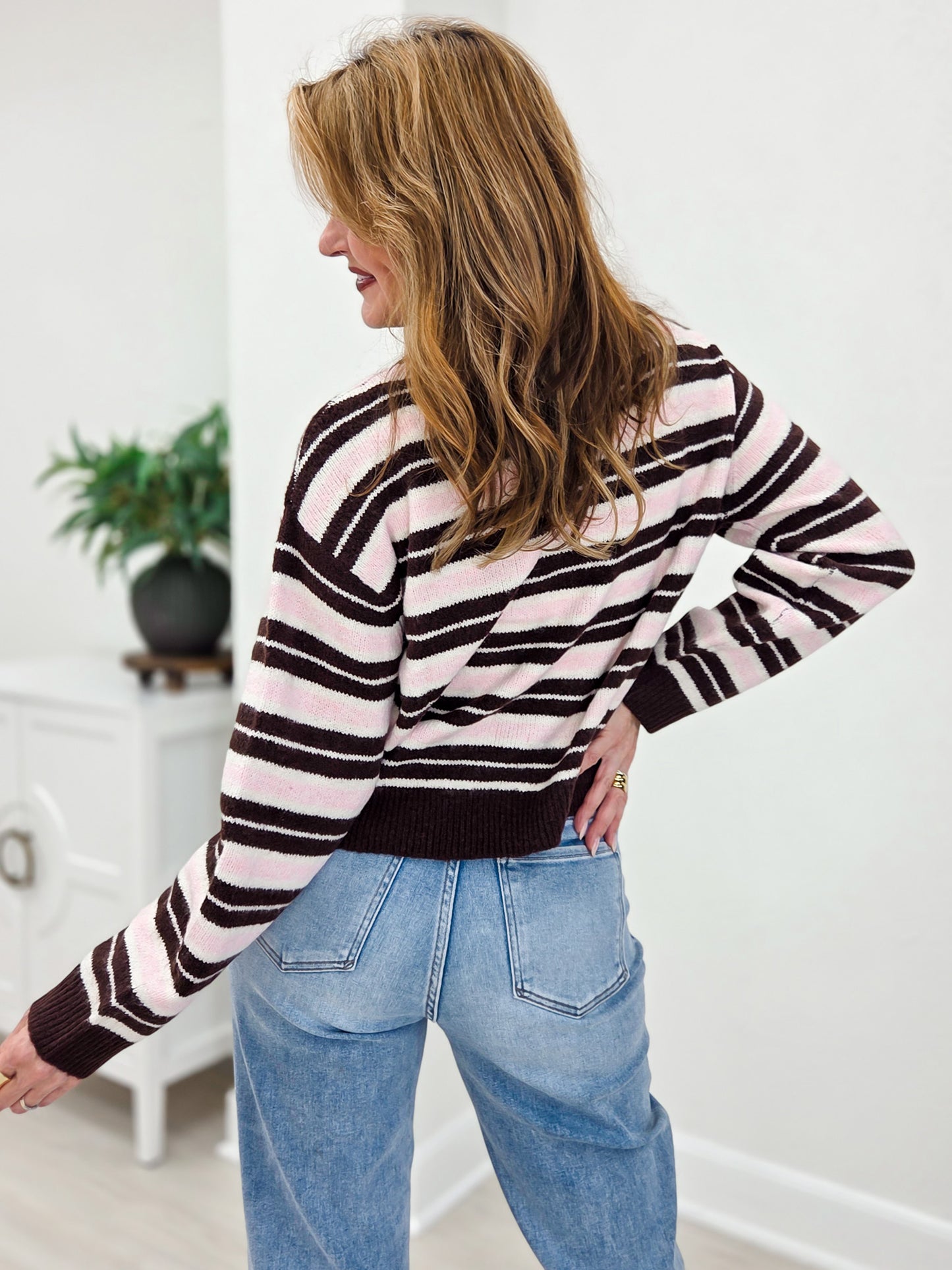 Striped Knit Sweater Top with Long Sleeves