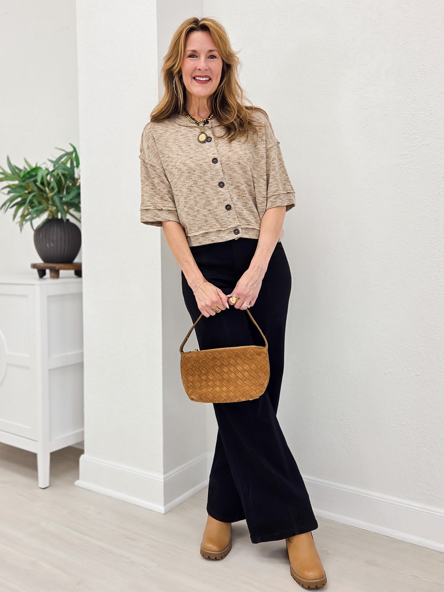 Marled Button Down Short Sleeve Raw Edge Knit Top