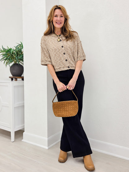 Marled Button Down Short Sleeve Raw Edge Knit Top