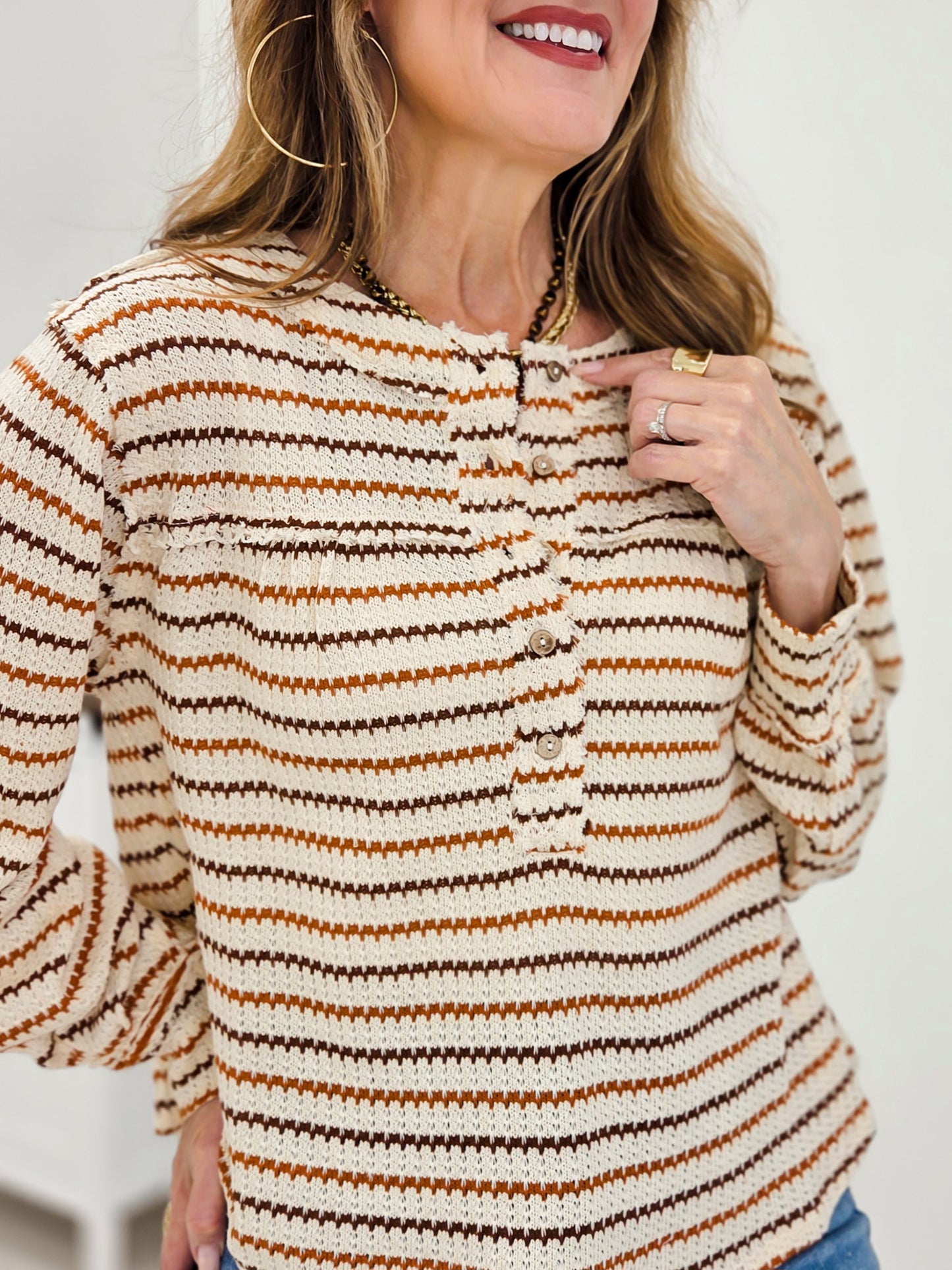 Multicolor Stripe Long Sleeve Yoke Detail Knit Top