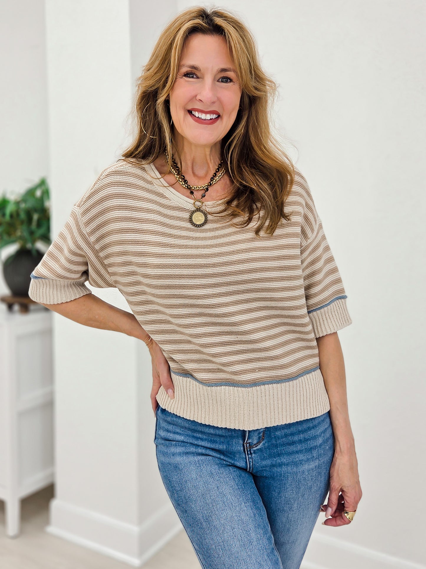 Stripe Raw Edge Detail Contrast Trim Sweater