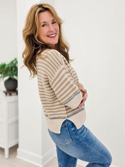 Stripe Raw Edge Detail Contrast Trim Sweater