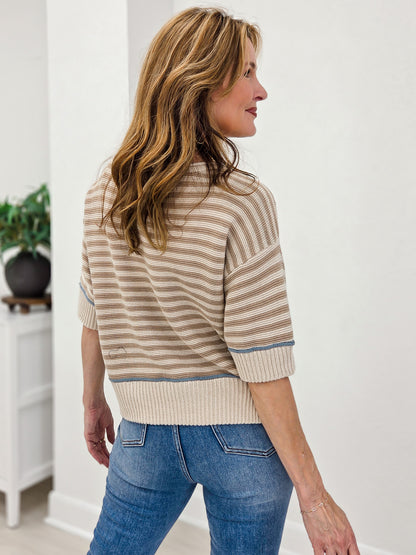 Stripe Raw Edge Detail Contrast Trim Sweater