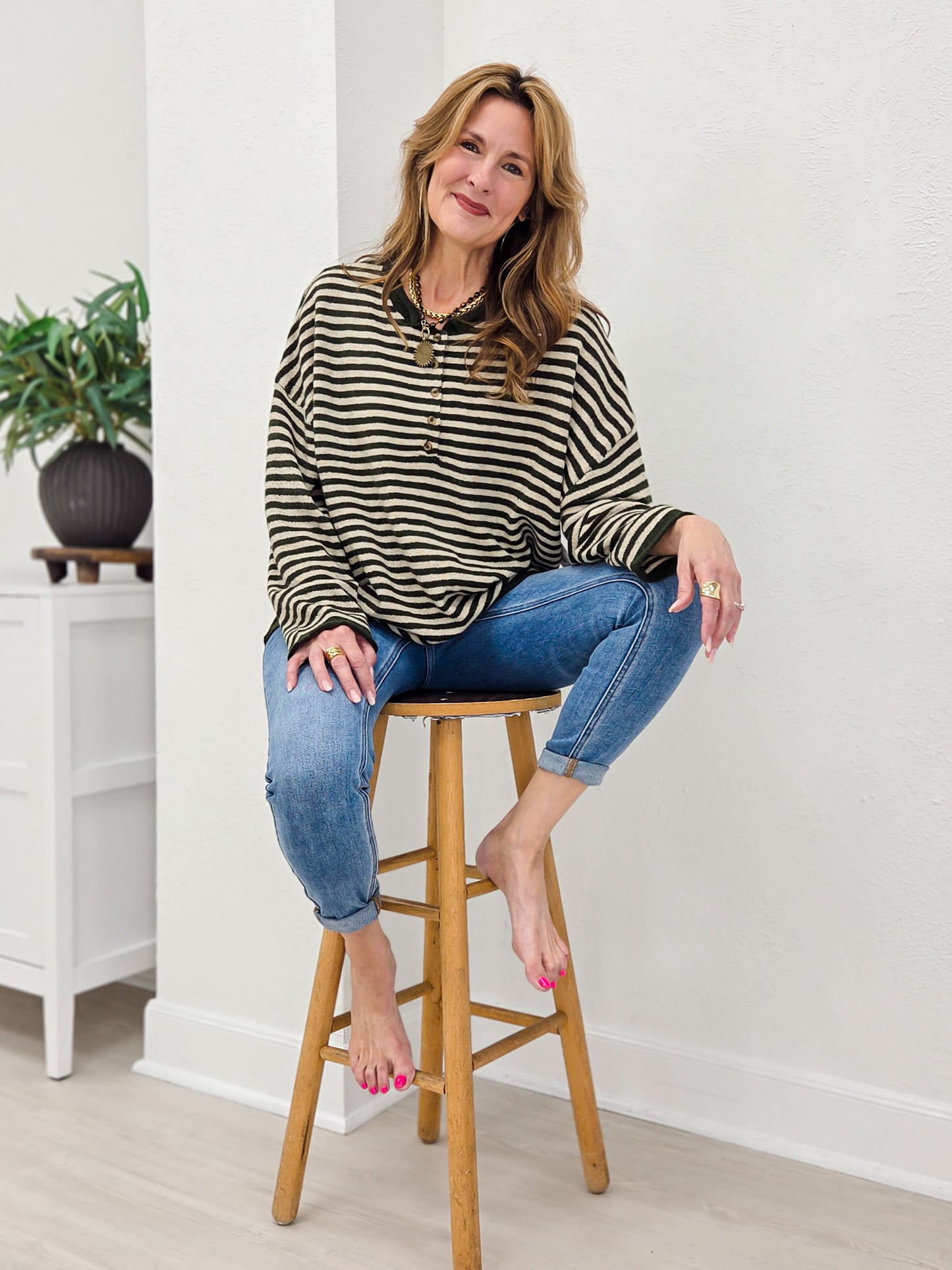 Button Henley Stripe Long Sleeve Drop Shoulder Sweater