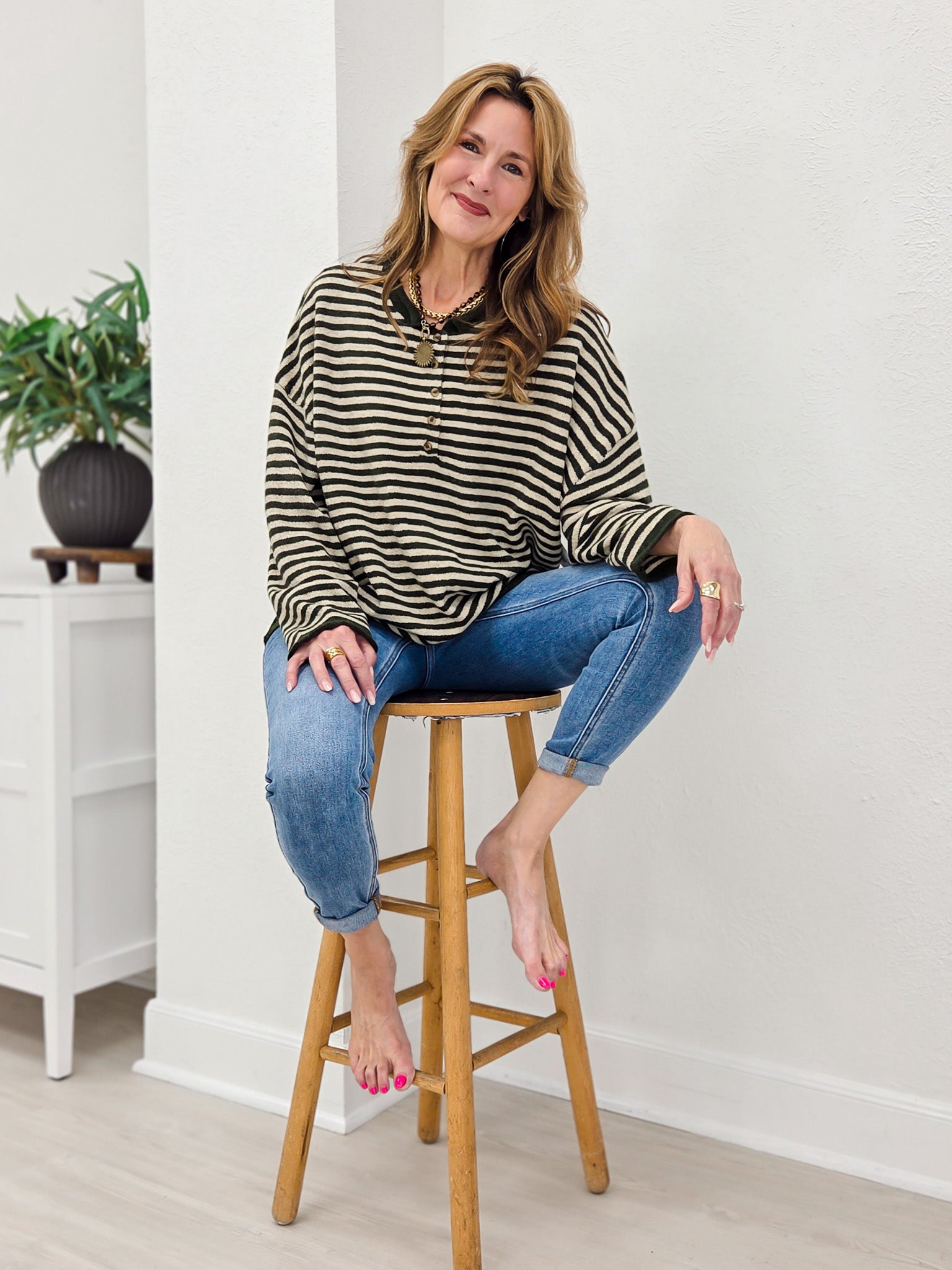 Button Henley Stripe Long Sleeve Drop Shoulder Sweater