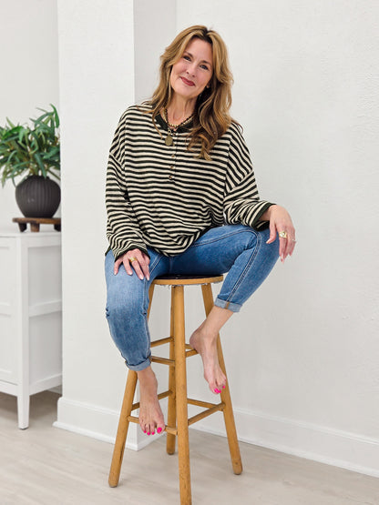 Button Henley Stripe Long Sleeve Drop Shoulder Sweater