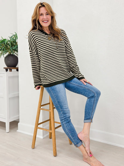 Button Henley Stripe Long Sleeve Drop Shoulder Sweater