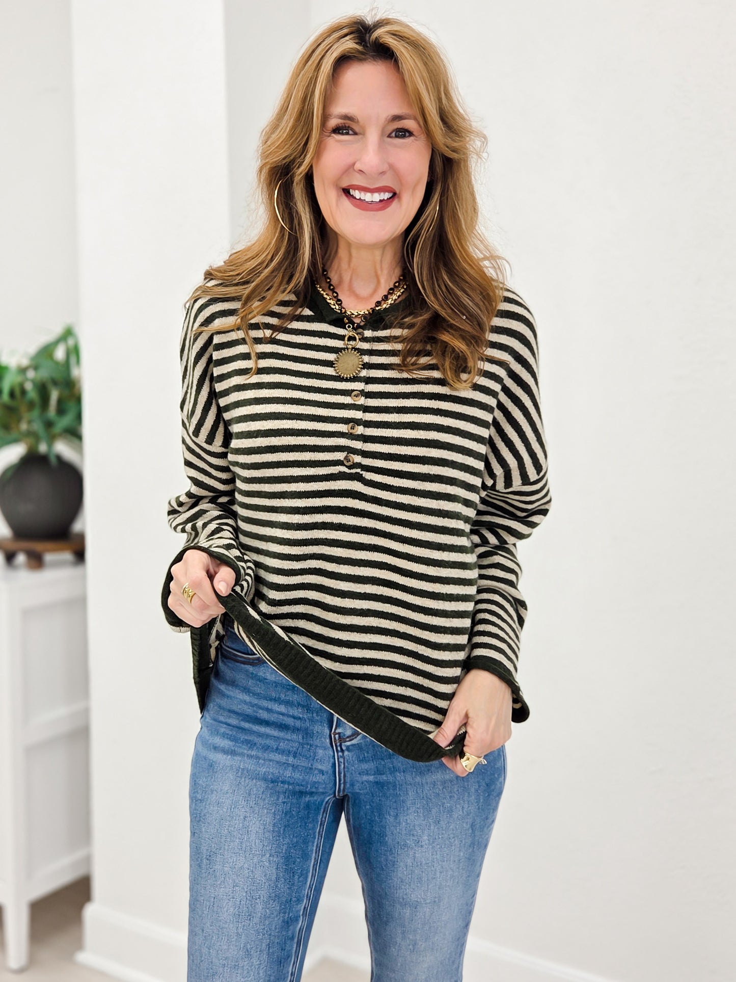 Button Henley Stripe Long Sleeve Drop Shoulder Sweater