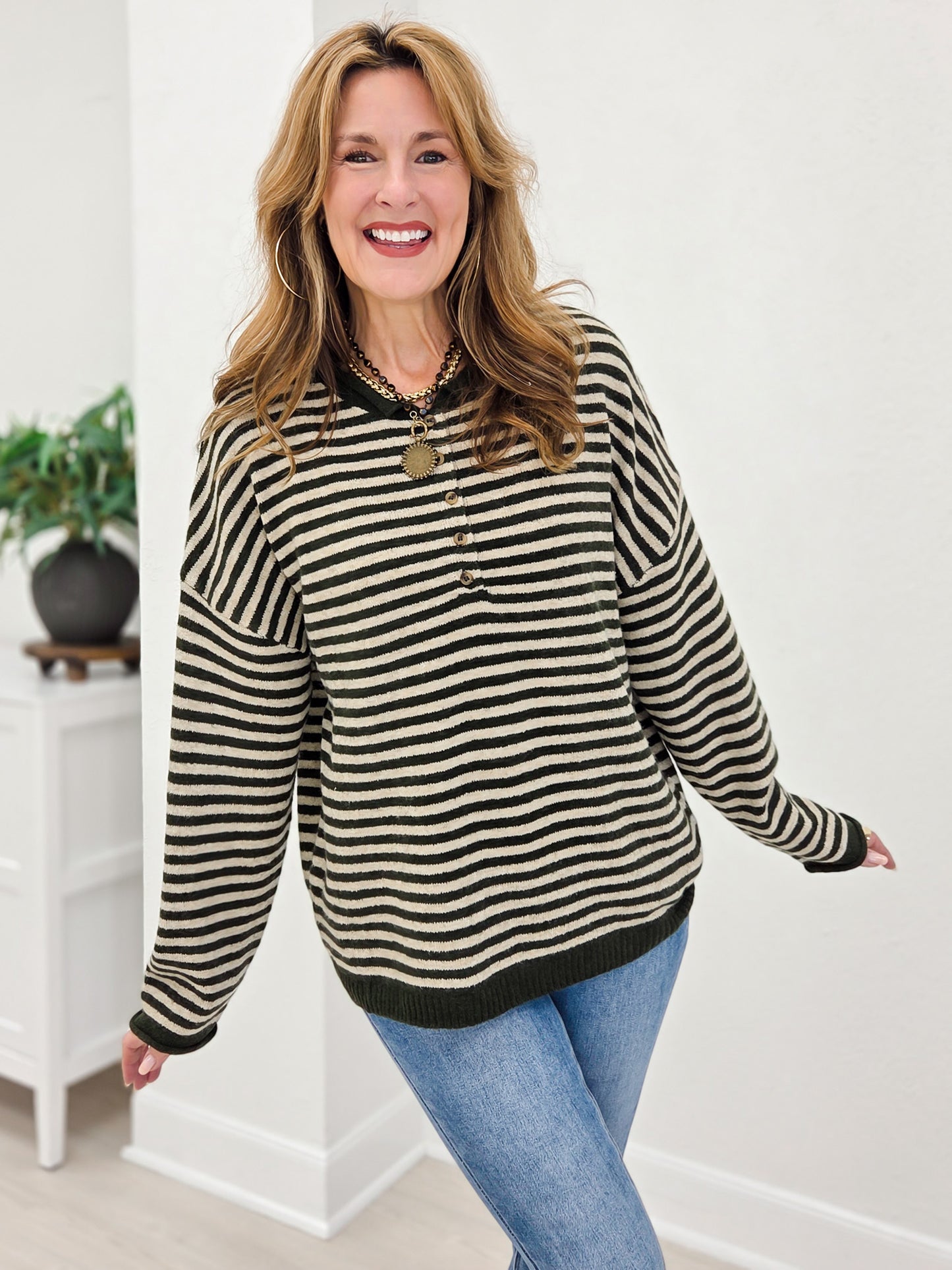 Button Henley Stripe Long Sleeve Drop Shoulder Sweater