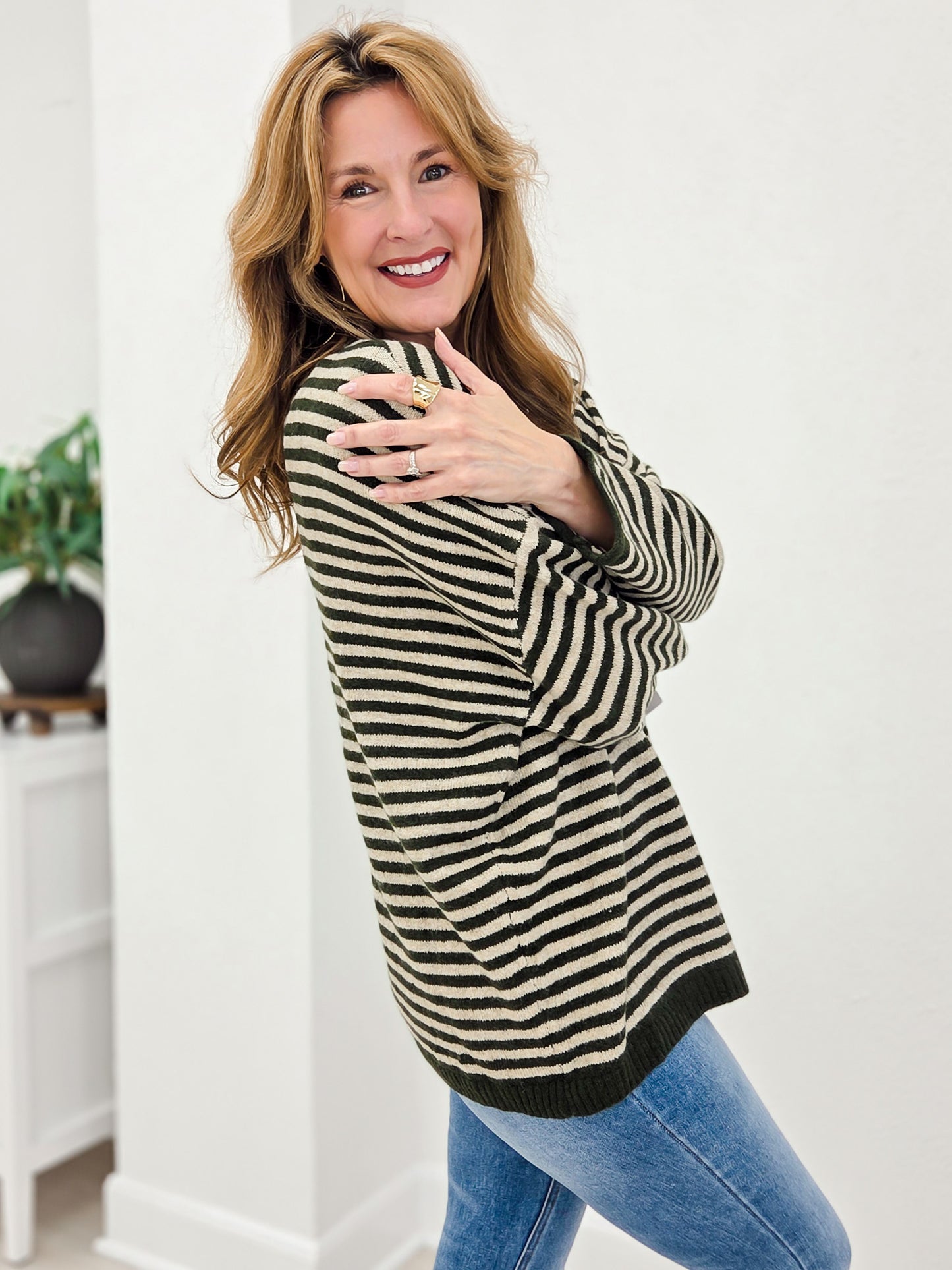 Button Henley Stripe Long Sleeve Drop Shoulder Sweater