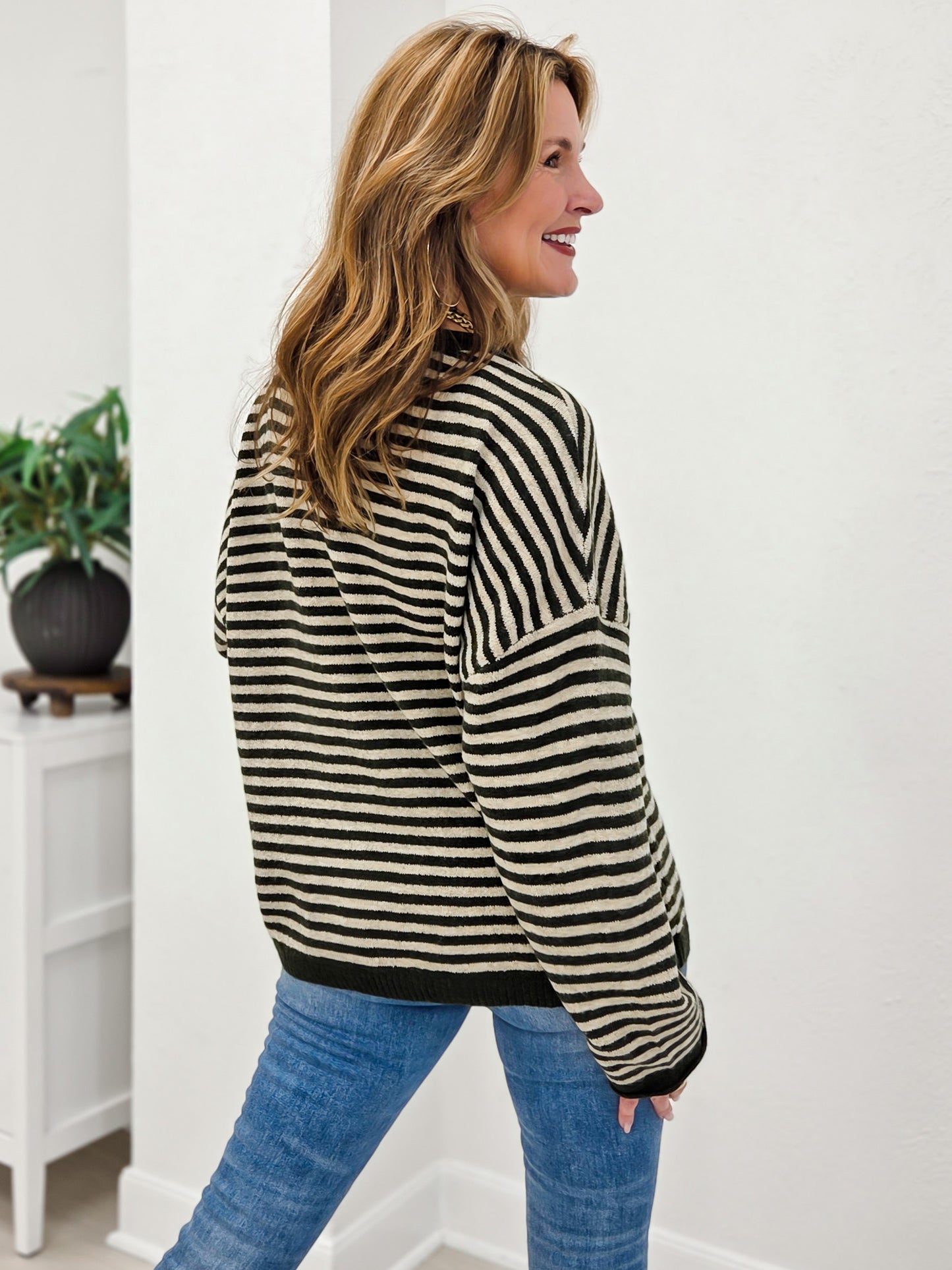 Button Henley Stripe Long Sleeve Drop Shoulder Sweater
