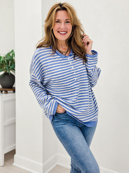 Button Henley Stripe Long Sleeve Drop Shoulder Sweater