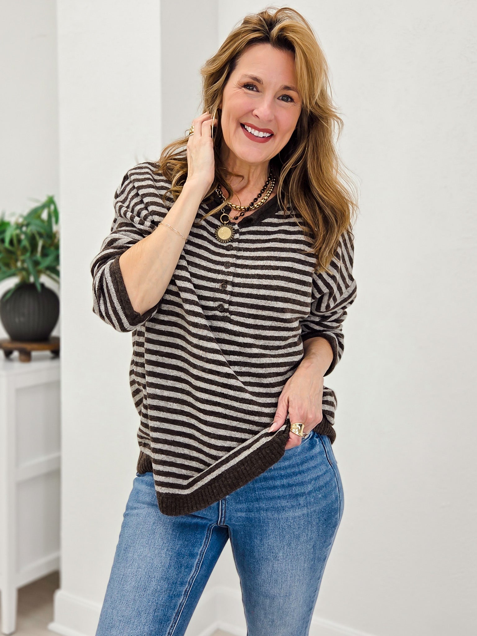 Button Henley Stripe Long Sleeve Drop Shoulder Sweater