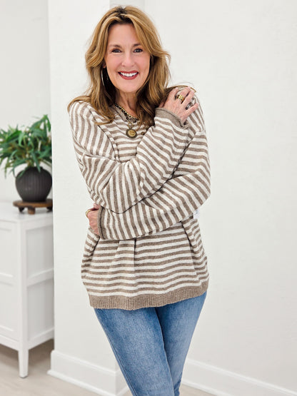 Button Henley Stripe Long Sleeve Drop Shoulder Sweater