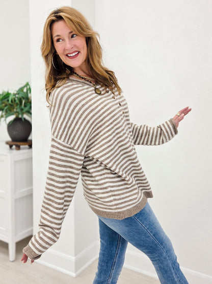 Button Henley Stripe Long Sleeve Drop Shoulder Sweater