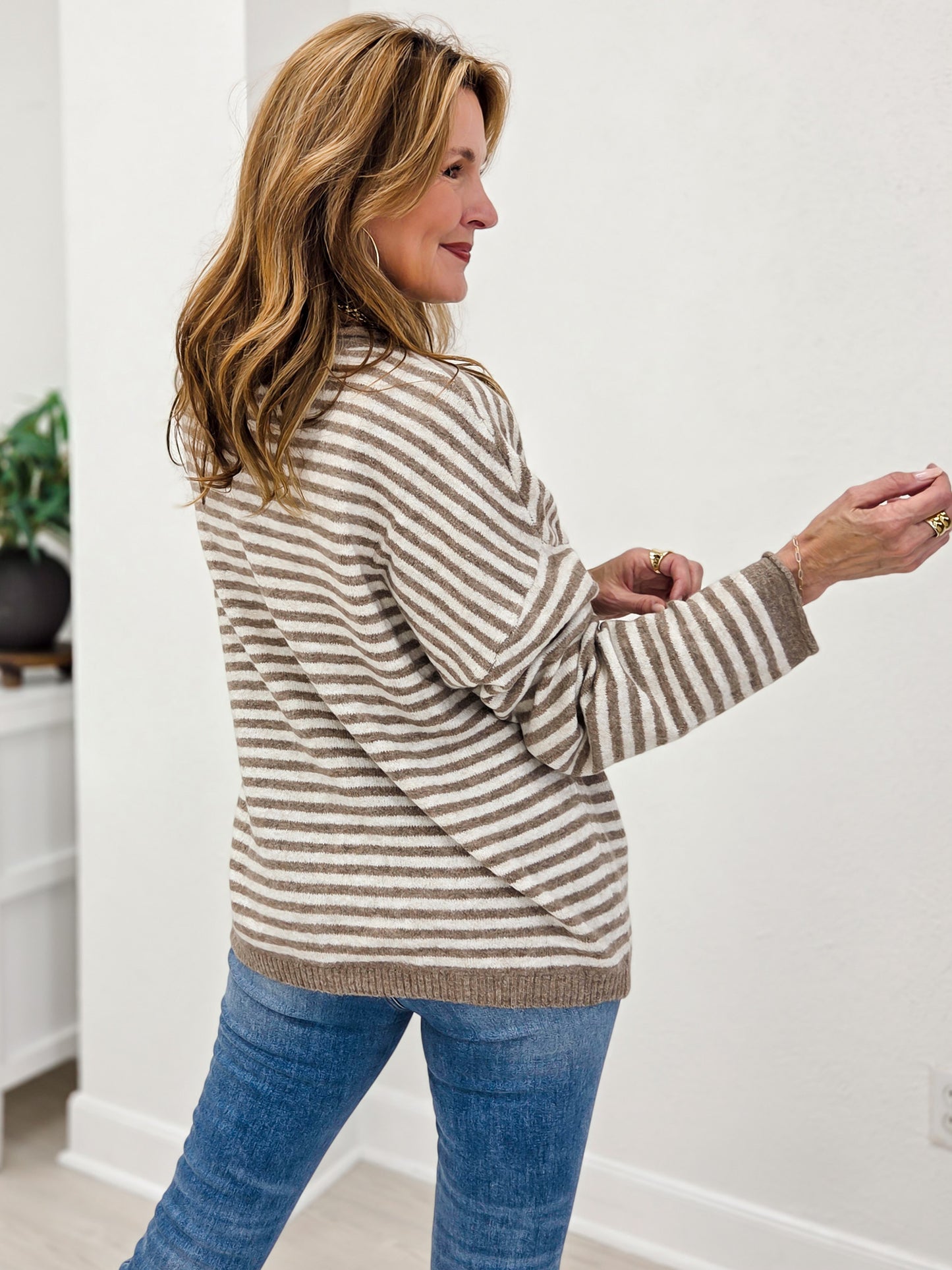Button Henley Stripe Long Sleeve Drop Shoulder Sweater
