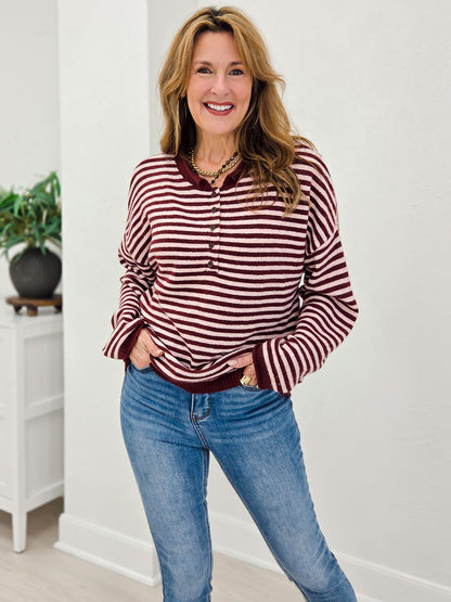 Button Henley Stripe Long Sleeve Drop Shoulder Sweater