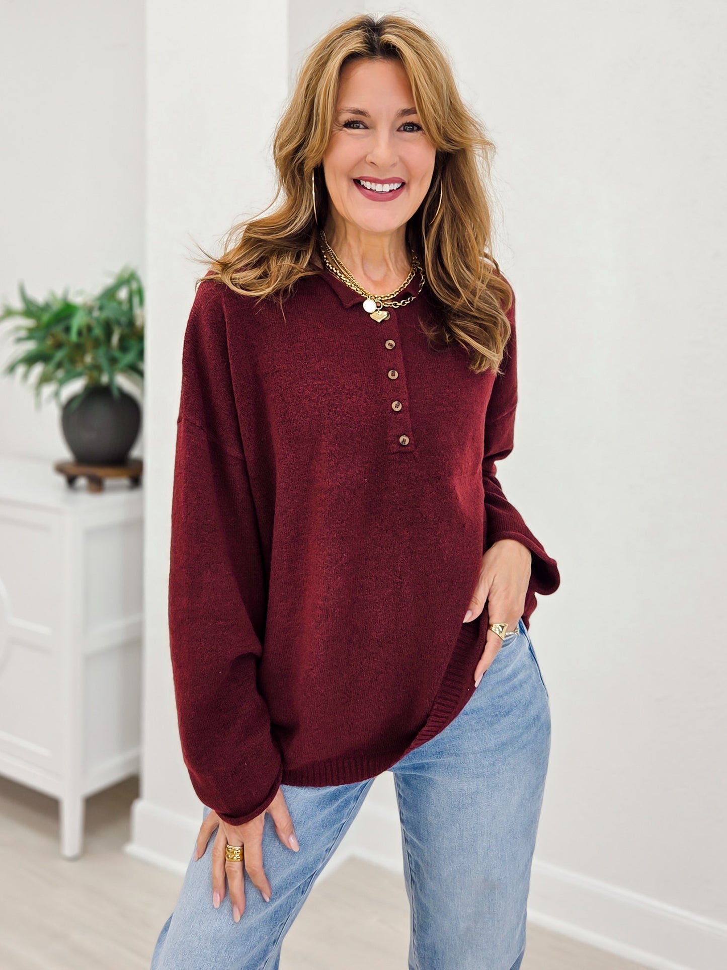 Raw Rolled Edge Henley Relaxed Pullover Sweater