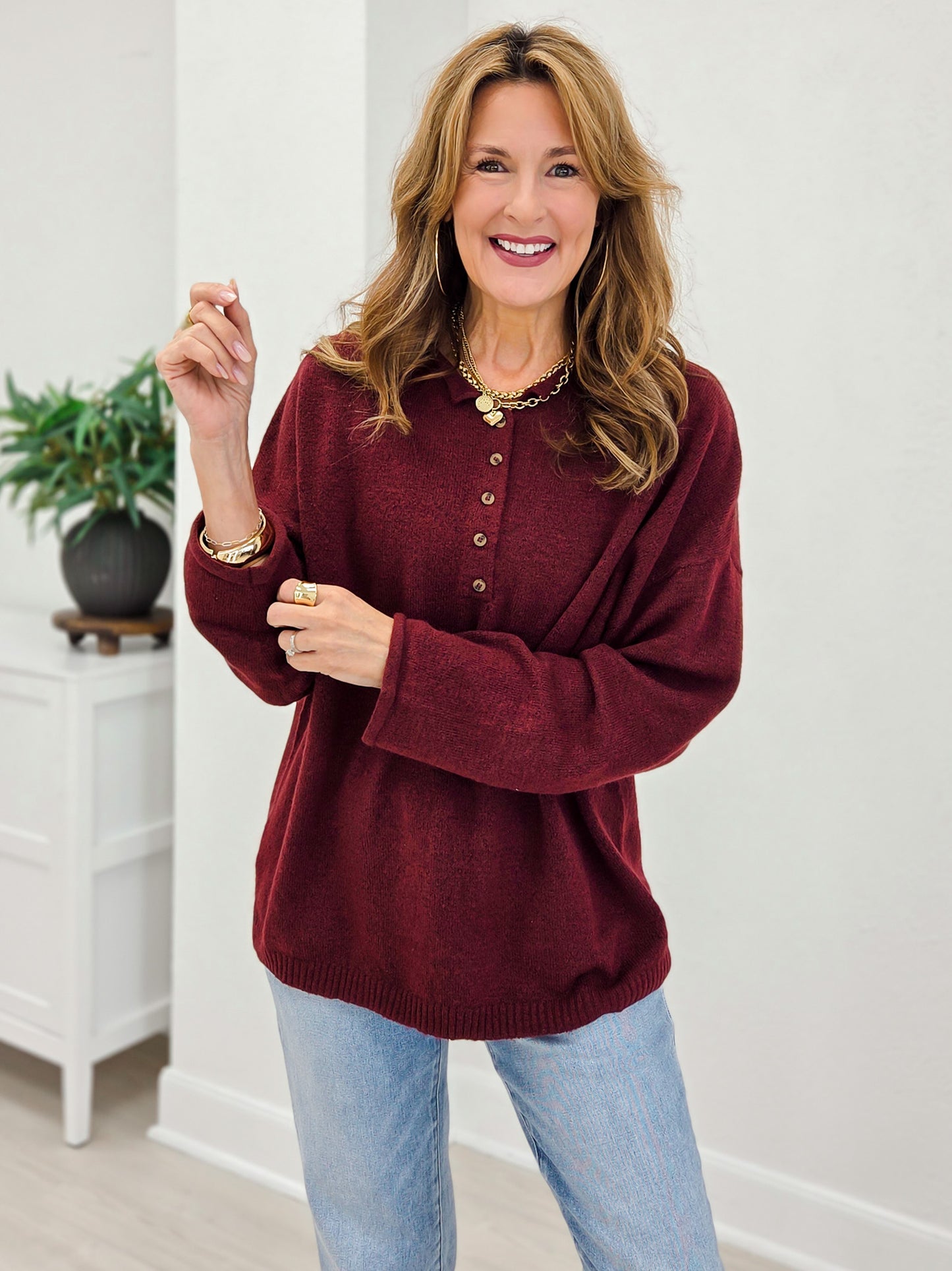 Raw Rolled Edge Henley Relaxed Pullover Sweater