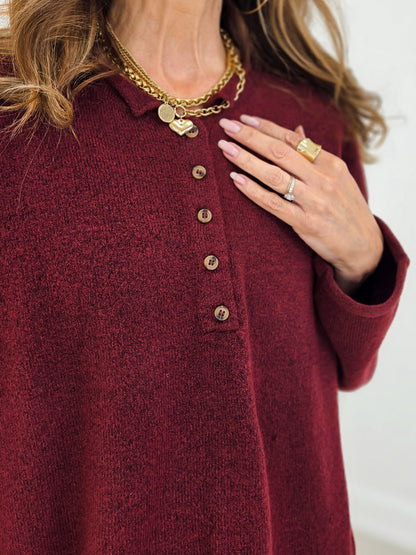 Raw Rolled Edge Henley Relaxed Pullover Sweater