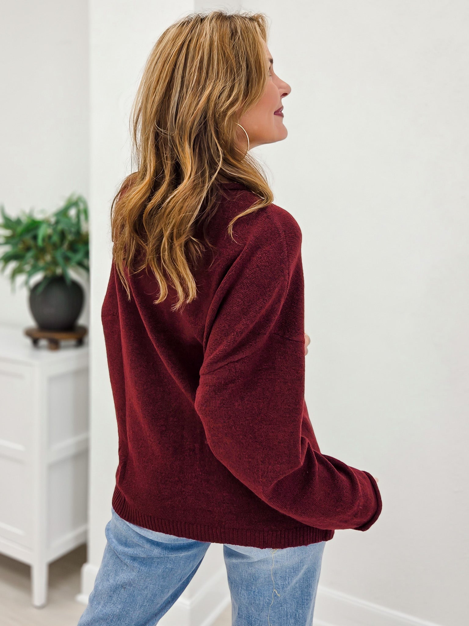 Raw Rolled Edge Henley Relaxed Pullover Sweater