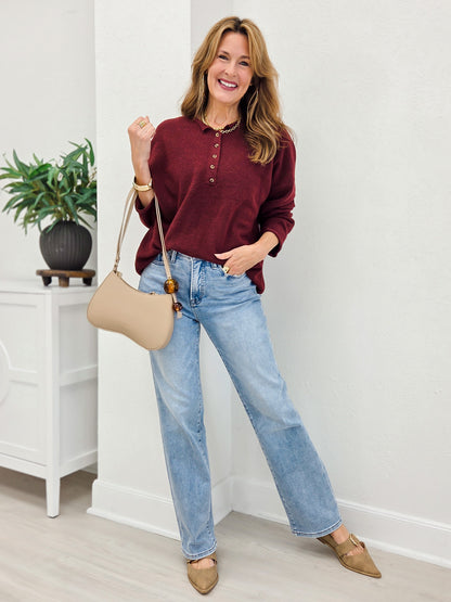 Raw Rolled Edge Henley Relaxed Pullover Sweater