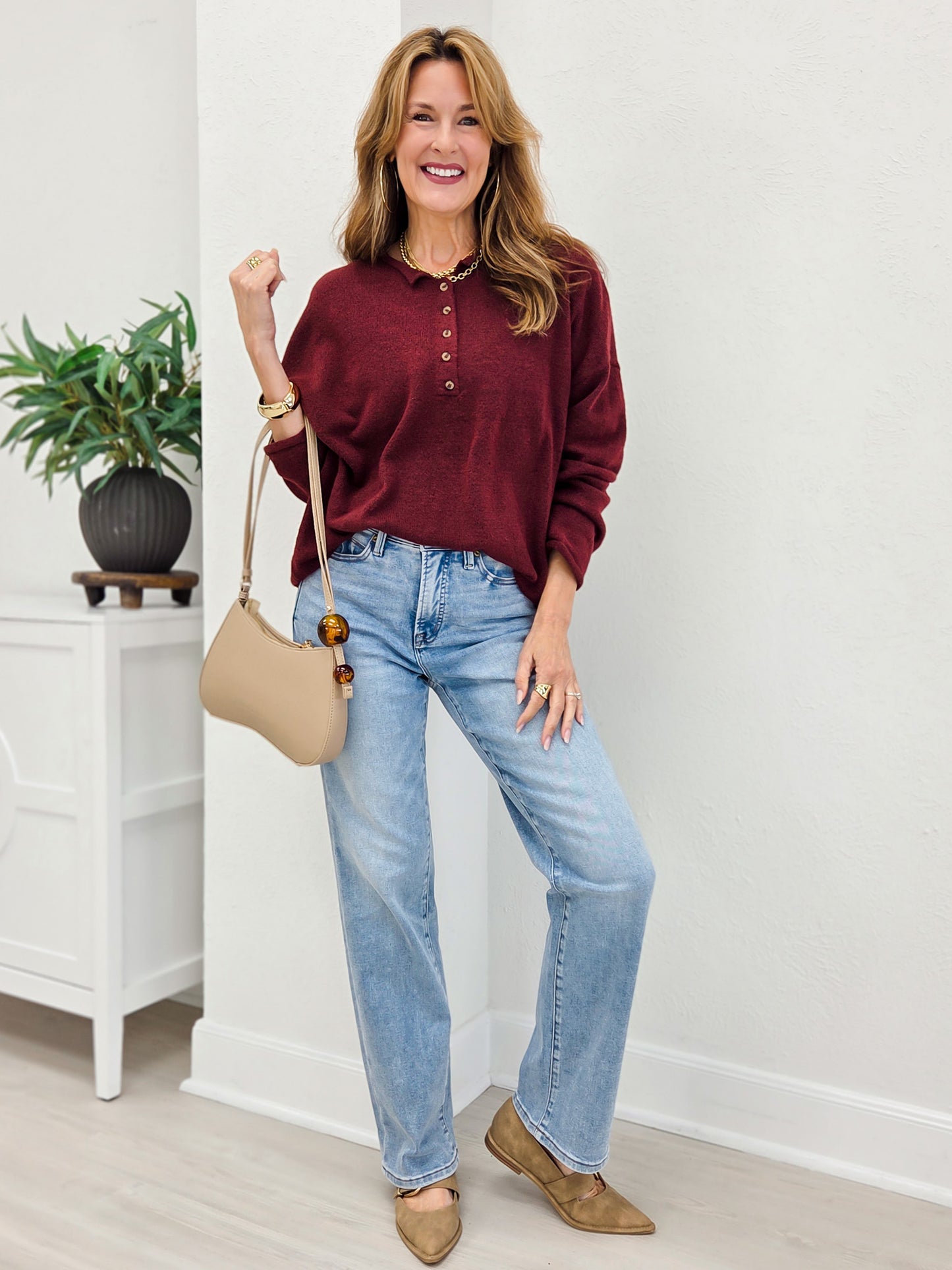 Raw Rolled Edge Henley Relaxed Pullover Sweater