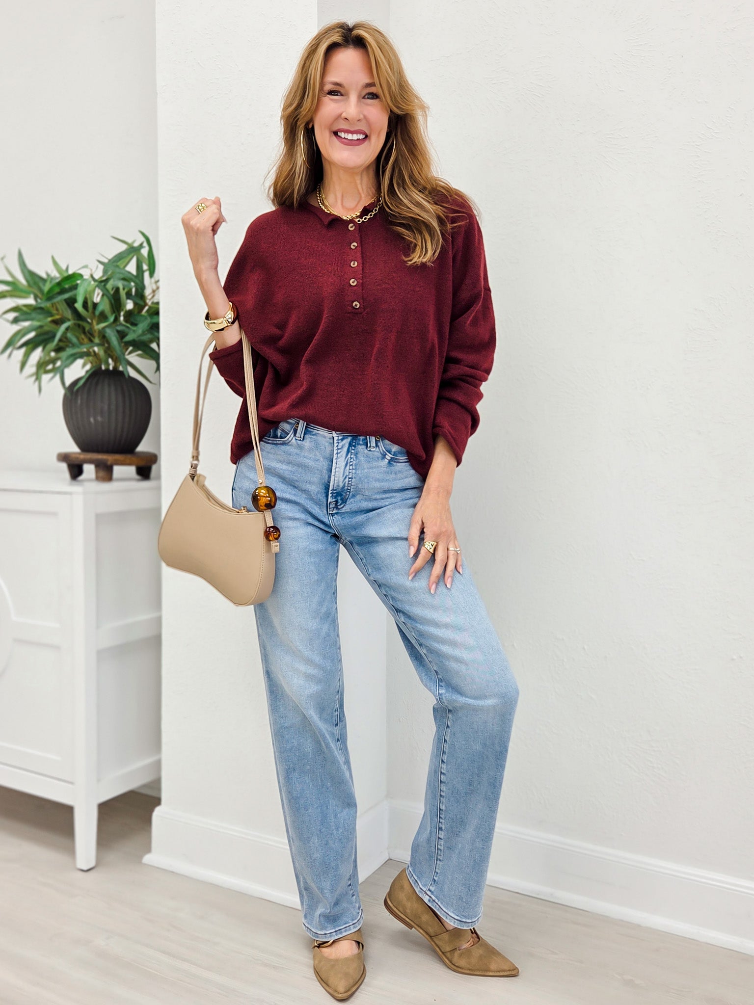 Raw Rolled Edge Henley Relaxed Pullover Sweater