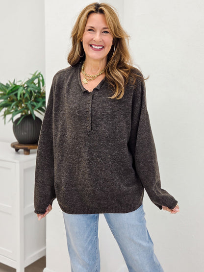 Raw Rolled Edge Henley Relaxed Pullover Sweater