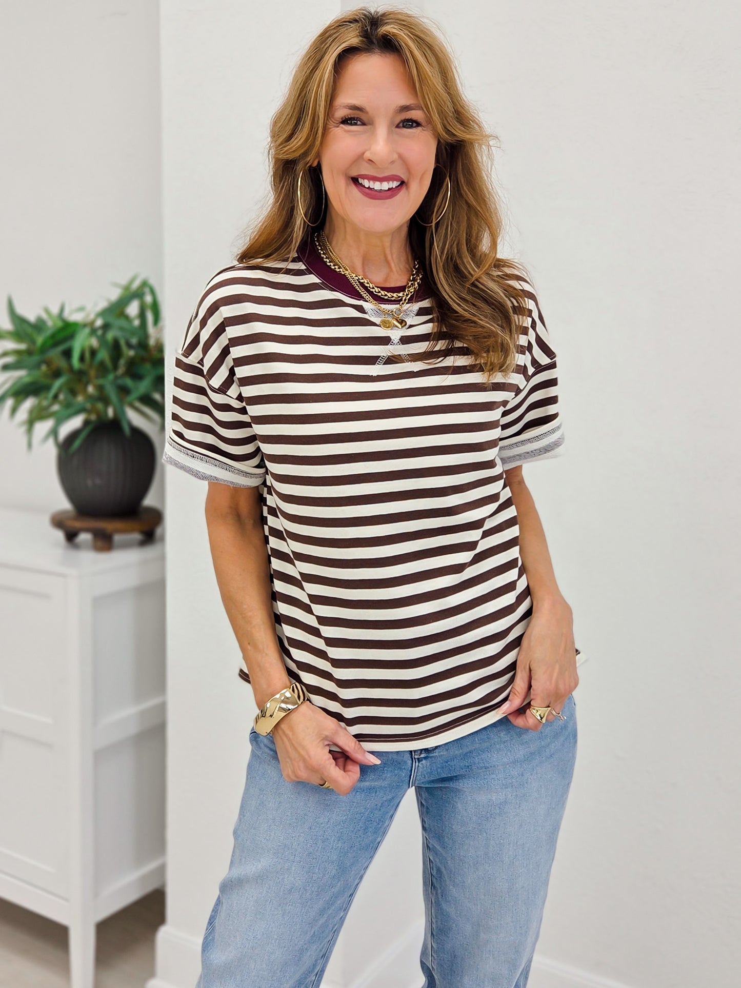 Stripe Colorblock Detail Short Sleeve Knit T-shirt