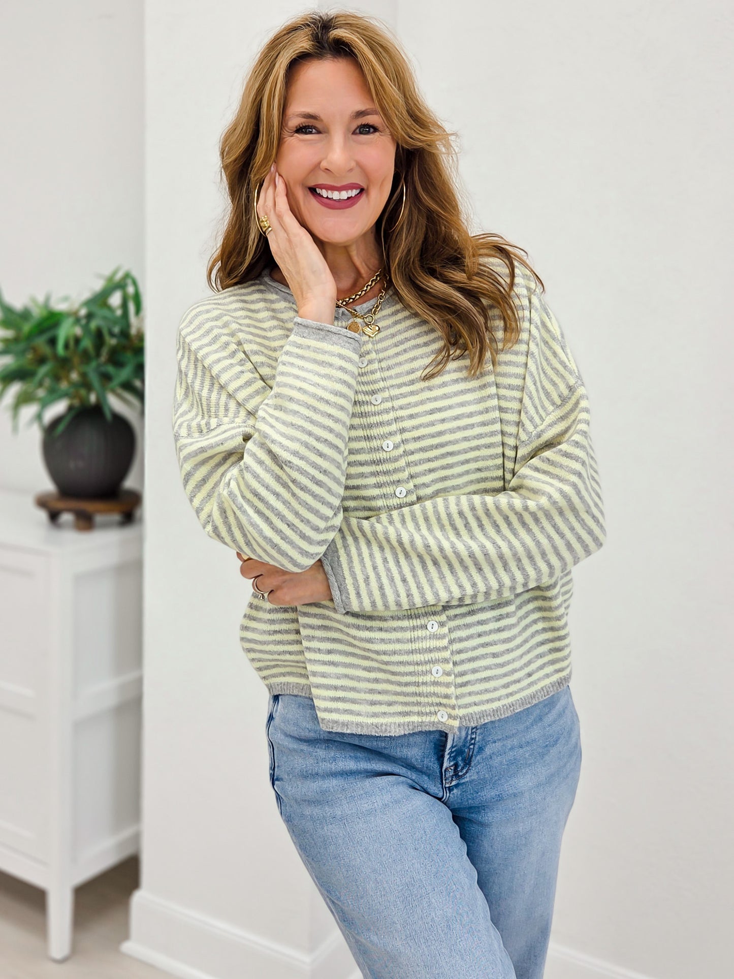 Stripe Raw Edge Drop Shoulder Knit Cardigan