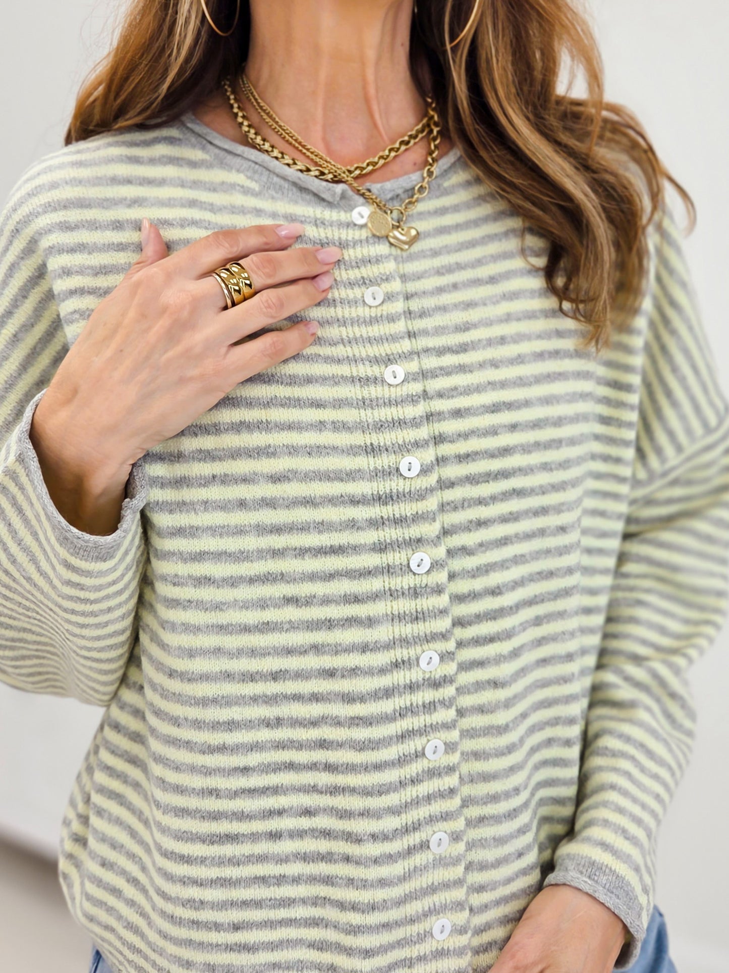 Stripe Raw Edge Drop Shoulder Knit Cardigan