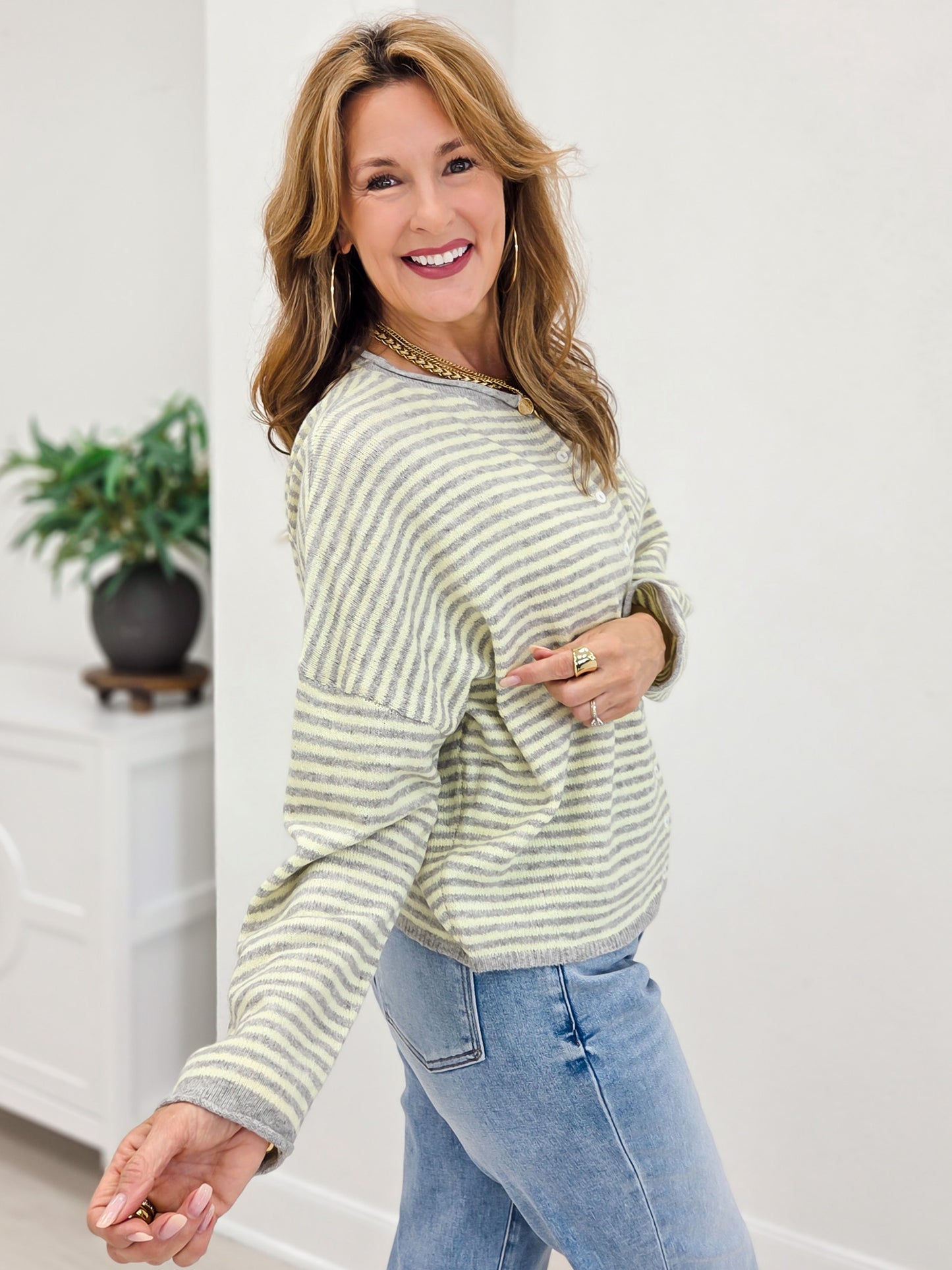 Stripe Raw Edge Drop Shoulder Knit Cardigan