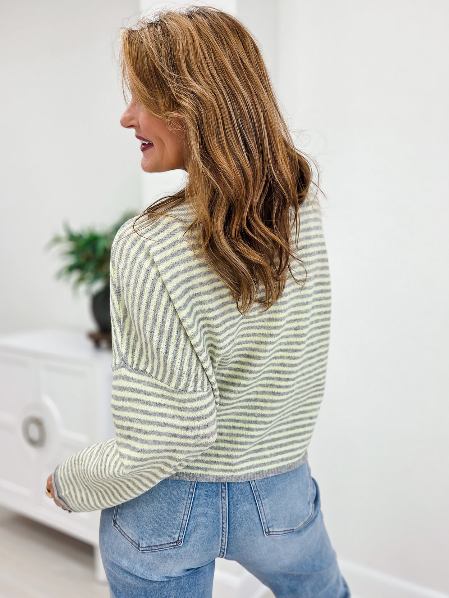 Stripe Raw Edge Drop Shoulder Knit Cardigan